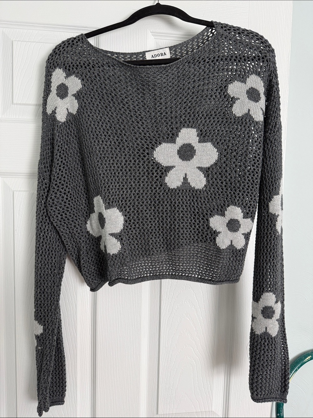 ADORA Charcoal Gray Open-Knit Floral Crewneck Sweater
